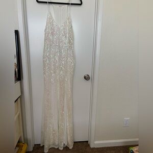 Fashion Nova Iridescent Sequin Maxi Dress in White